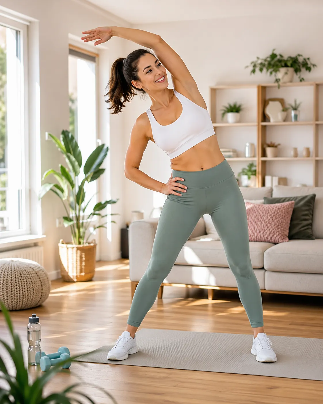 Een energieke thuisworkout in een lichte woonkamer voor een gezonde en actieve levensstijl.