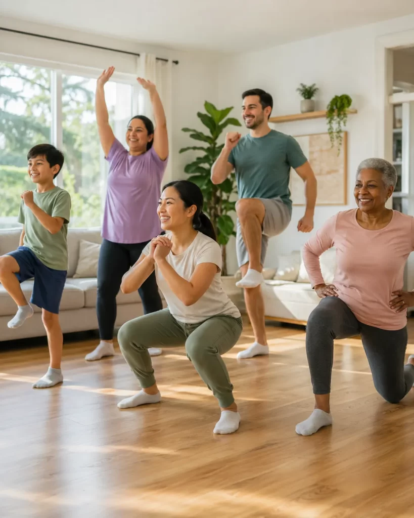 Eenvoudige oefeningen voor iedereen in een lichte woonkamer, zonder fitnessapparaten of hulpmiddelen.