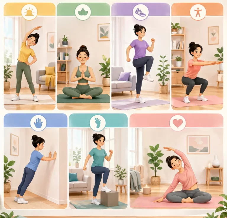 Over ons Een vrolijk weekschema met eenvoudige oefeningen voor thuis, ideaal voor beginners die rustig willen starten met bewegen.