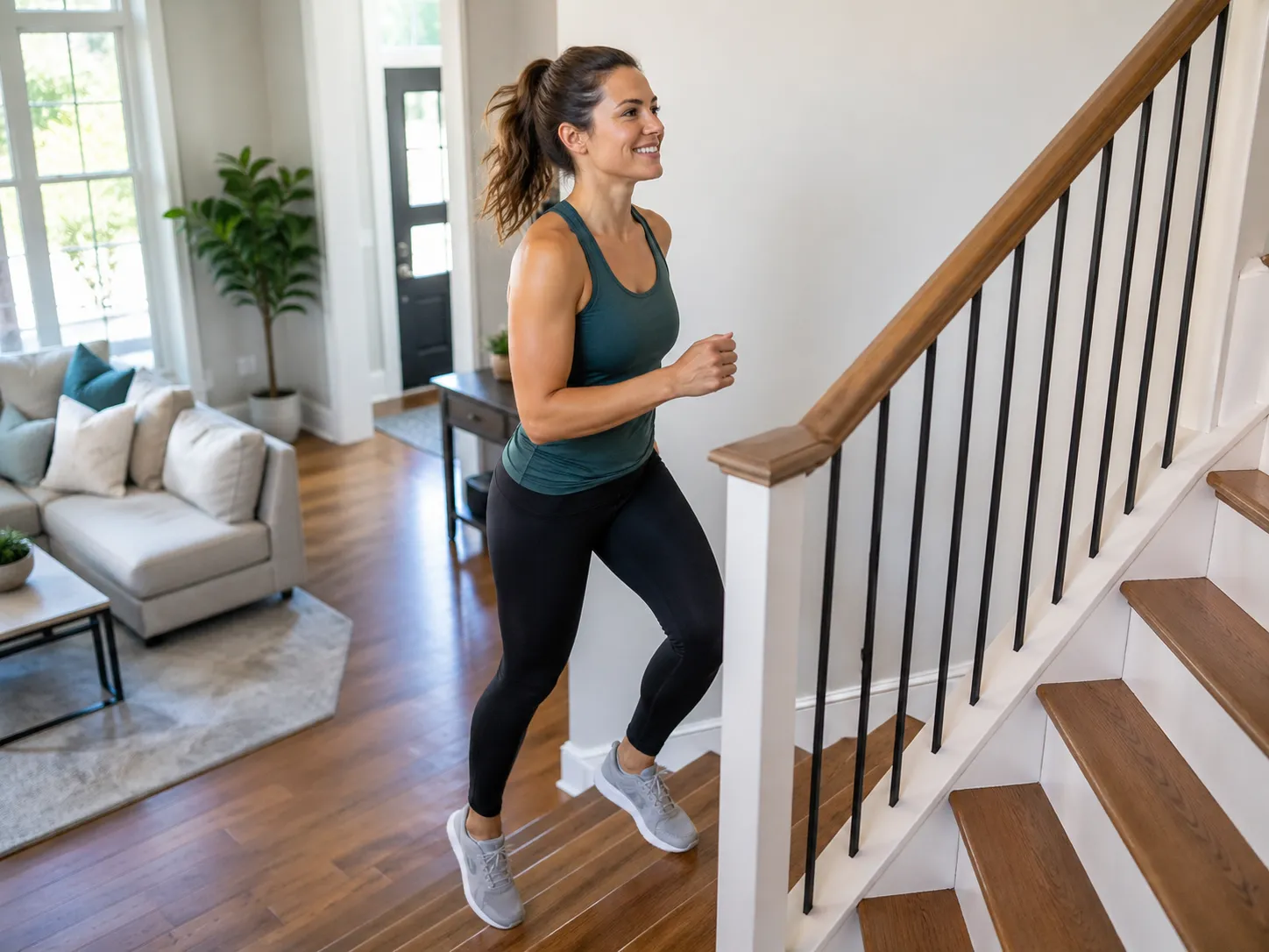 Een vrouw gebruikt de trap in huis als eenvoudige manier om fitter en actiever te worden.