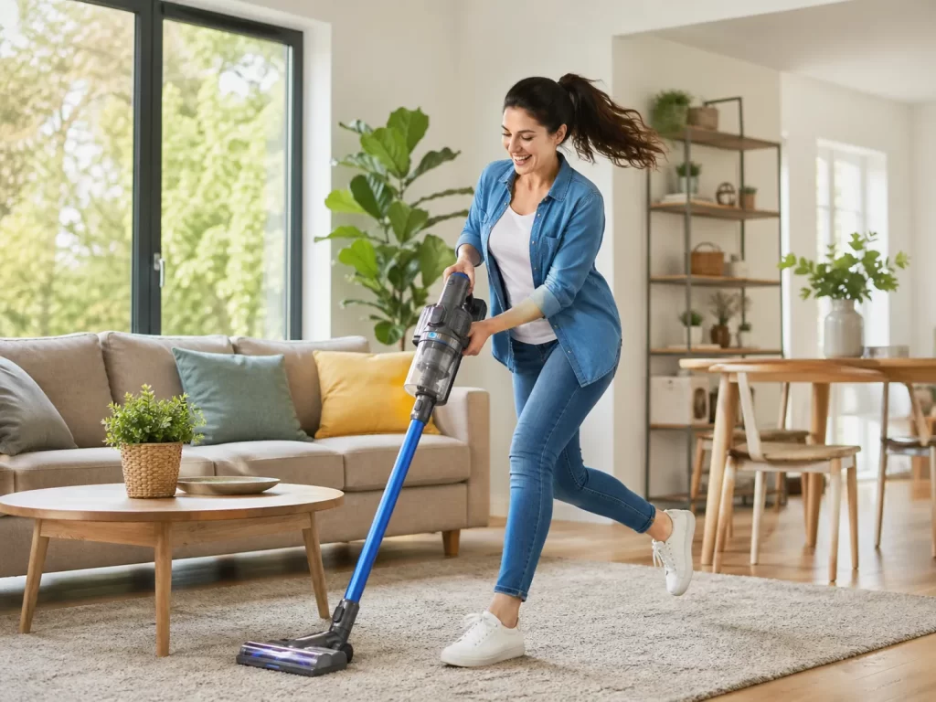 Een vrouw blijft energiek in beweging tijdens het stofzuigen in een lichte, moderne woonkamer.