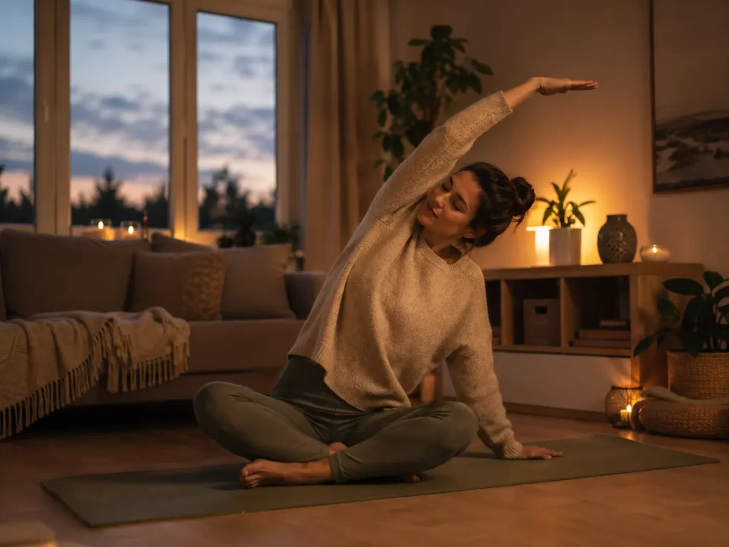 Zachte thuisoefening in een warme, ontspannen sfeer aan het einde van de dag.