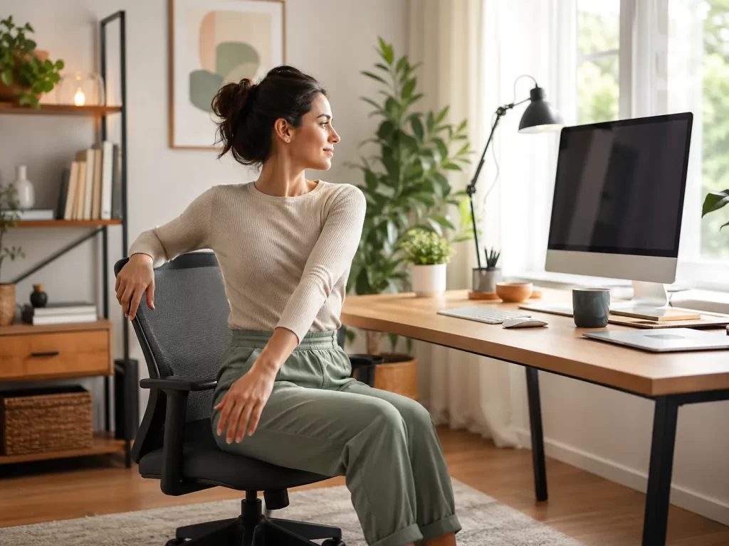 Een ontspannen thuiswerker doet een lichte stretch achter het bureau om soepel te blijven.