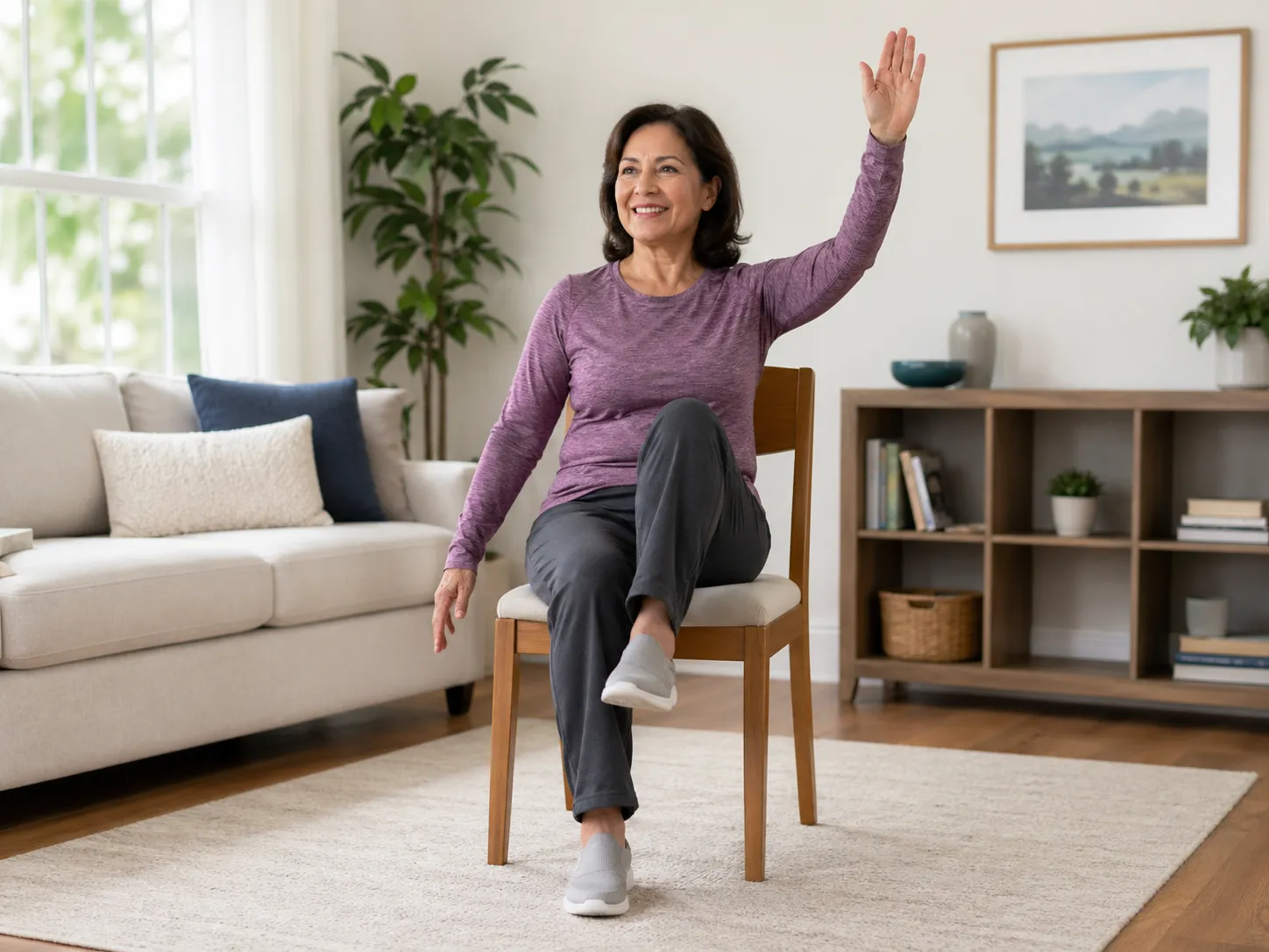 Een vrouw doet rustige stoeloefeningen in een lichte woonkamer om veilig en makkelijk in beweging te blijven.