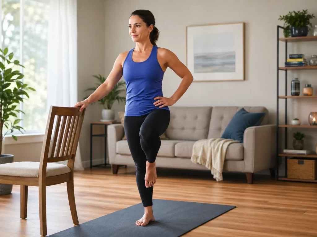 Vrouw traint haar balans in de woonkamer met steun van een stoel.
