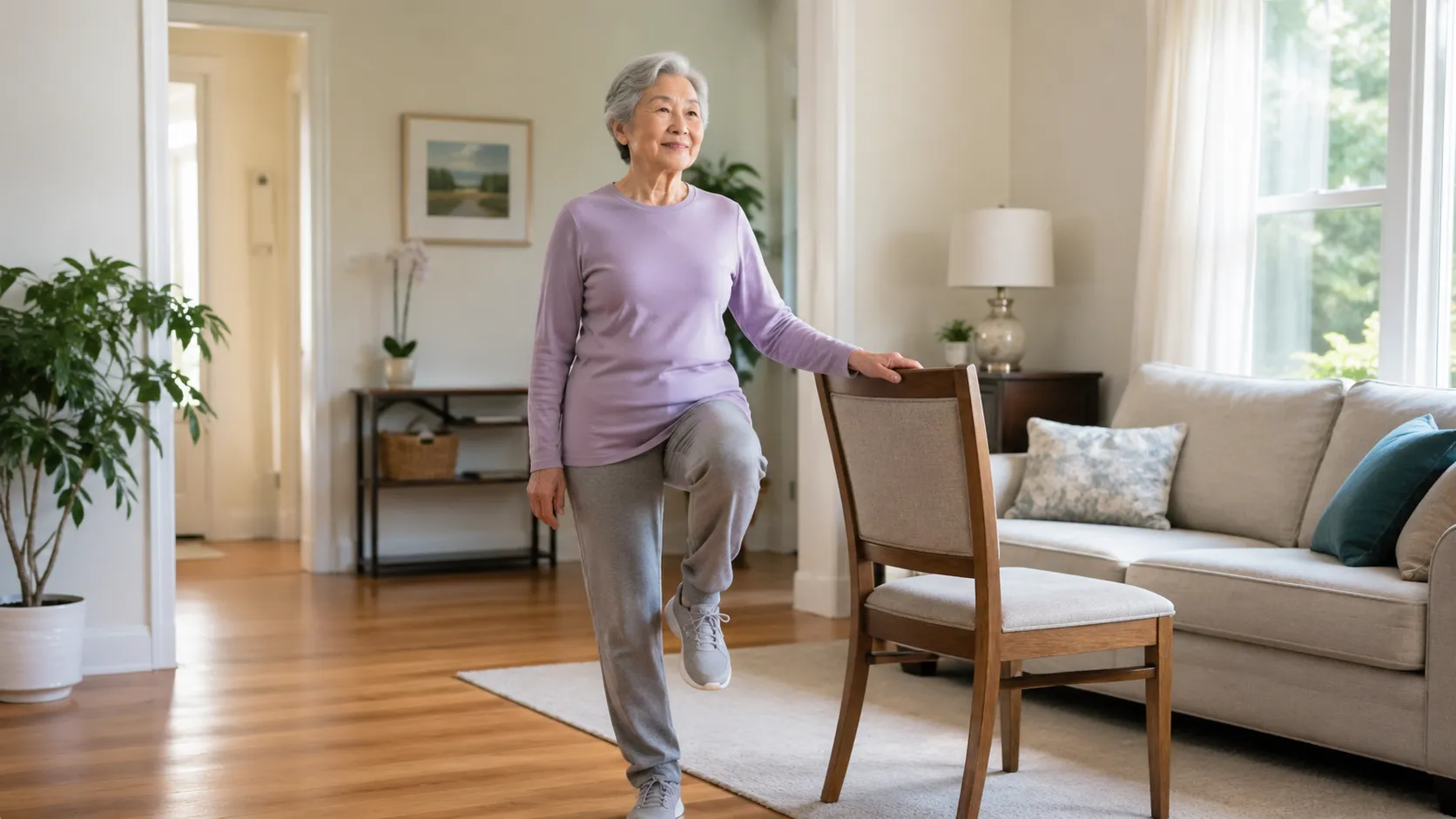 Een oudere vrouw oefent veilig haar balans in de woonkamer met steun van een stoel.
