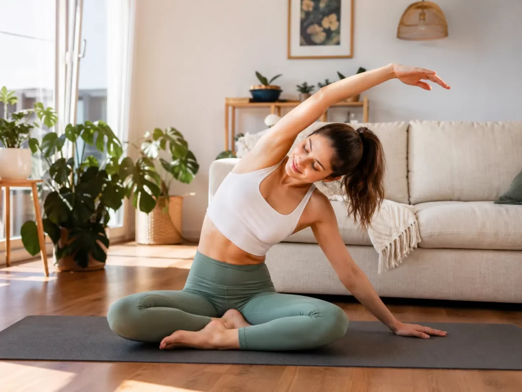 Eenvoudige stretchoefeningen in een lichte woonkamer voor meer soepelheid en ontspanning.