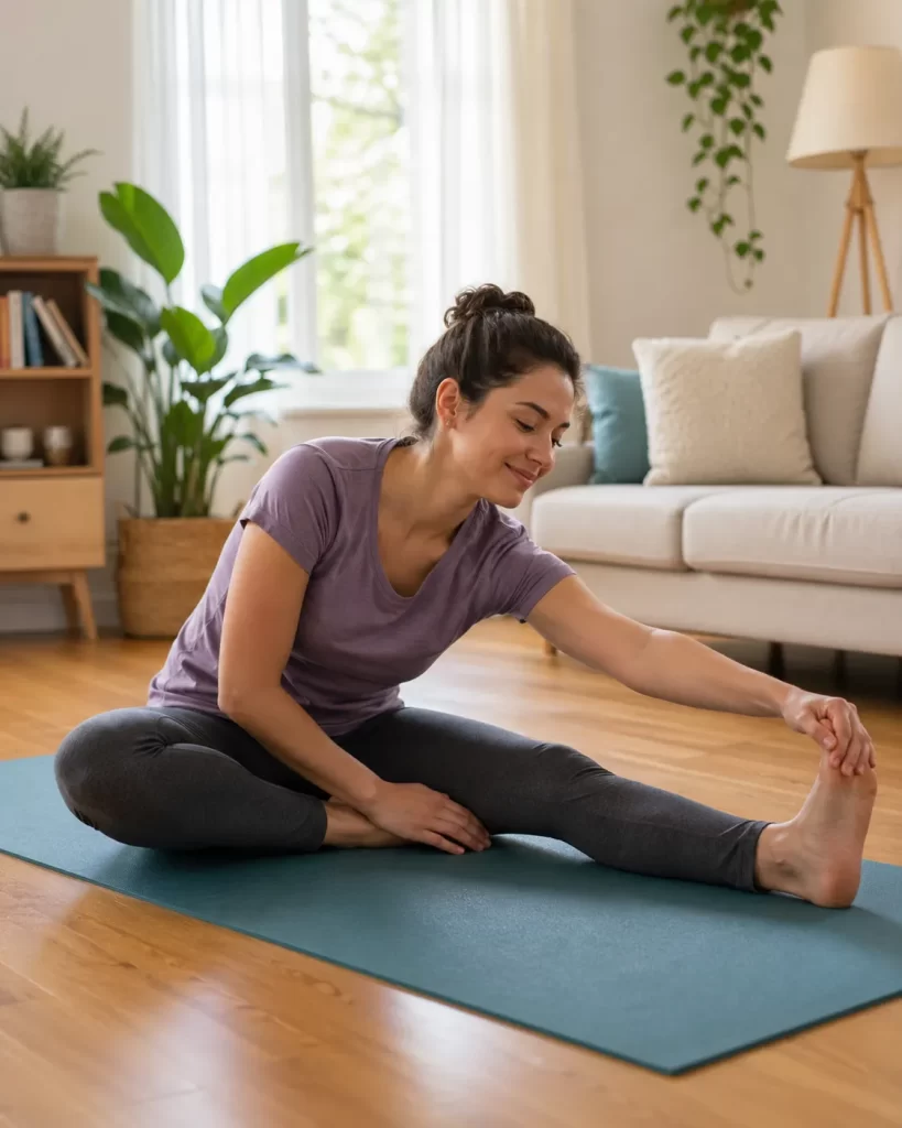 Een beginner doet een zachte stretch op een yogamat in een rustige woonkamer.