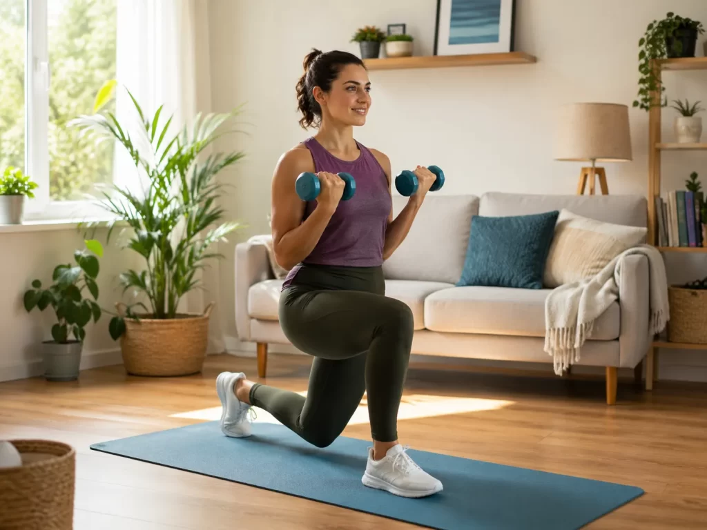 Vrouw traint thuis met lichte dumbbells op een mat in een lichte woonkamer.