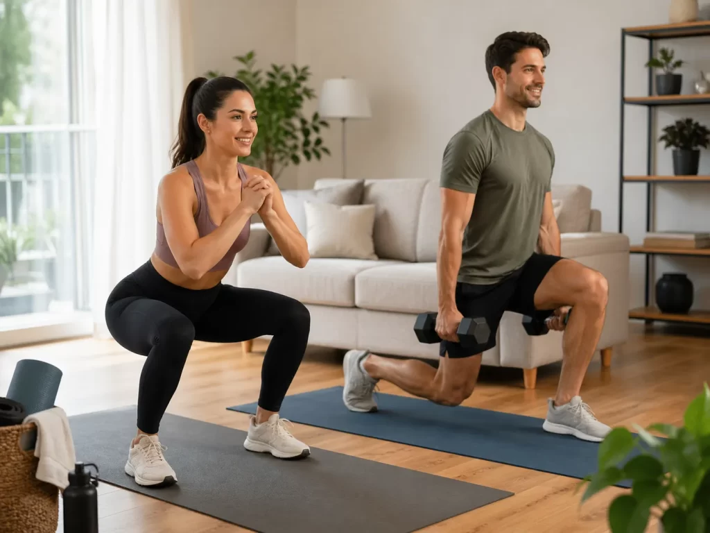 Eenvoudige krachttraining in de woonkamer met squats, lunges en lichte gewichten.