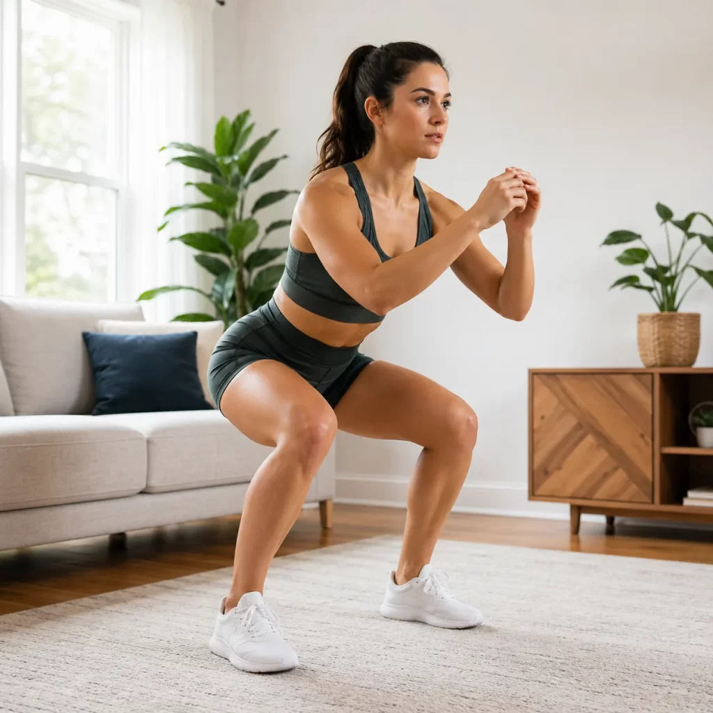 Een eenvoudige squat-oefening voor sterke benen, gewoon thuis en zonder apparatuur.