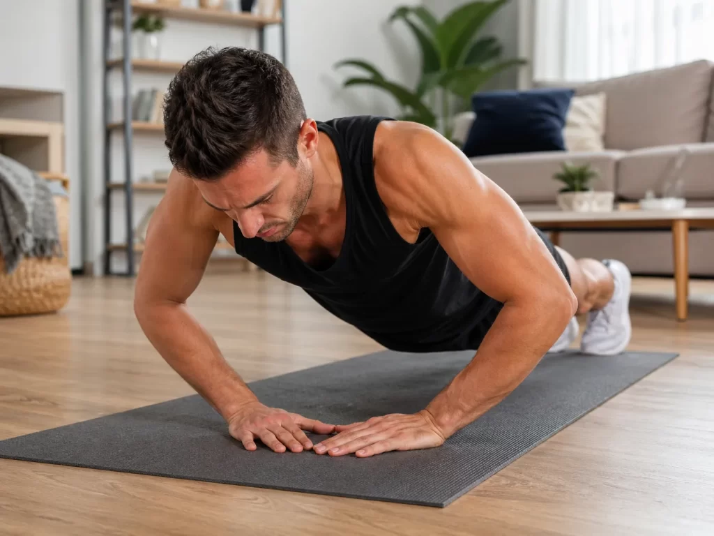 Eenvoudige push-up oefening voor sterke armen, gewoon thuis en zonder materiaal.